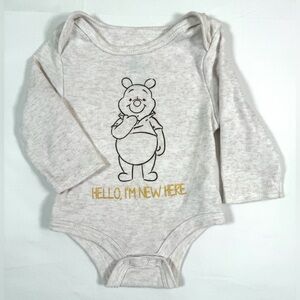 DISNEY BABY Winnie the Pooh “Hello,‎ I’m New Here” Long Sleeve One Piece 6-9M
